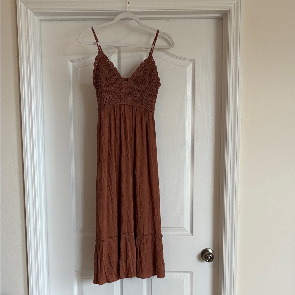 NWT Indulge Brown Midi Dress with Crochet Detail